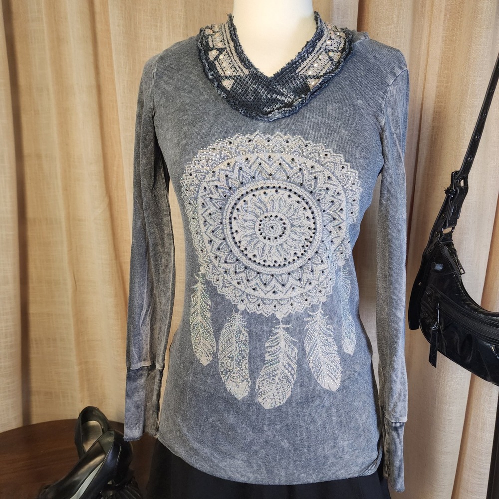 Vocal USA Dreamcatcher Rhinestone Top M Gray Lace Y2K Western Boho